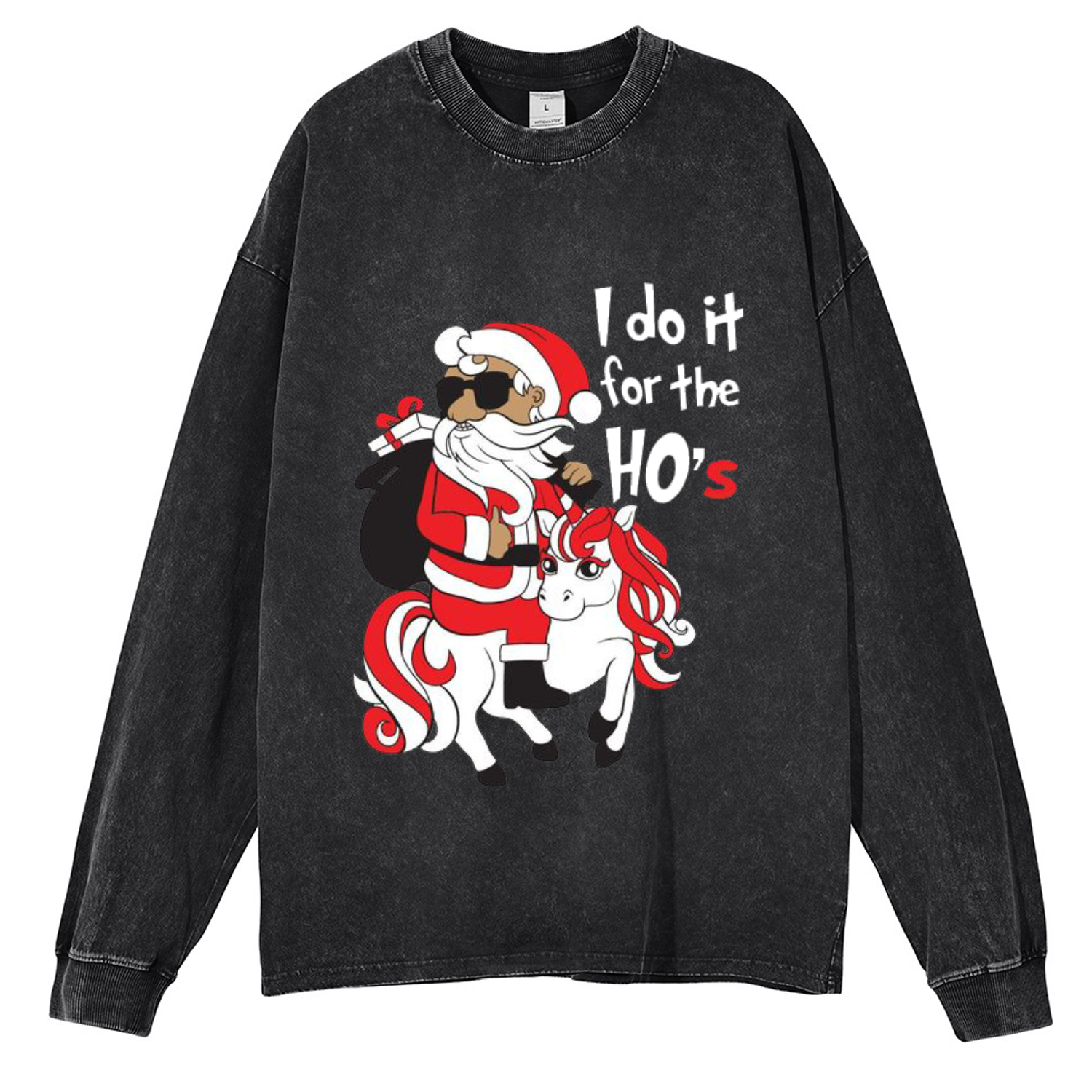 Muchic Unisex Casual Washed I Do It For The Ho's Christmas Santa Printed Round Neck Long Sleeve T-shirt