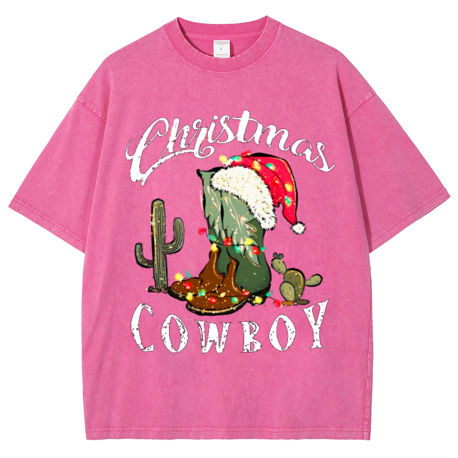 Muchic Christmas Cowboy Unisex Oversized Print Vintage Wash Denim T-Shirt