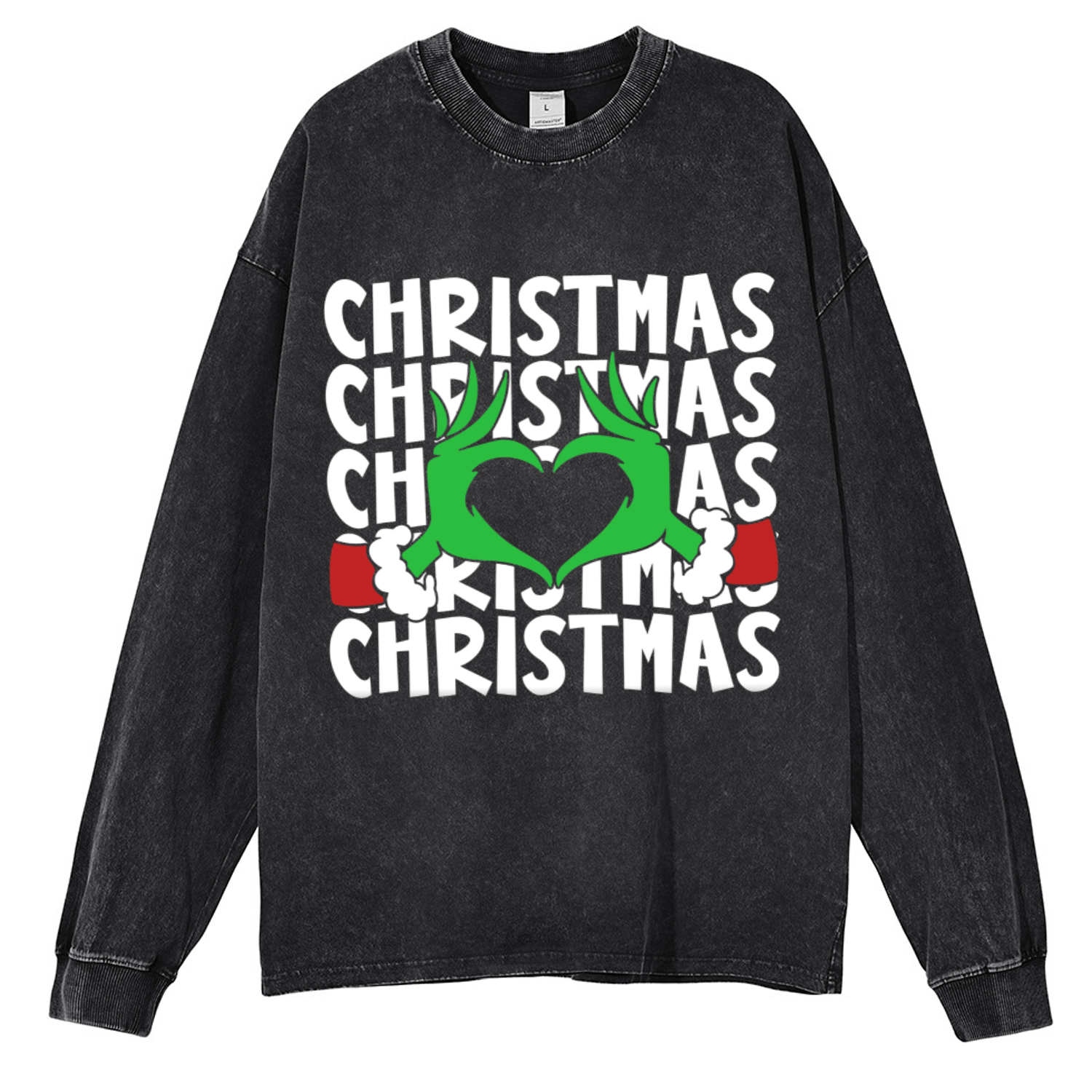 Muchic Christmas Unisex Casual Washed Printed Round Neck Long Sleeve T-shirt