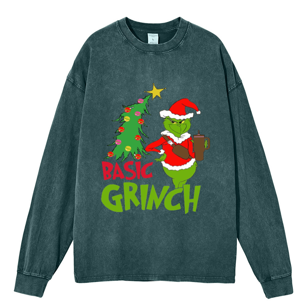 Muchic Basic Grinch Unisex Casual Washed Printed Round Neck Long Sleeve T-shirt