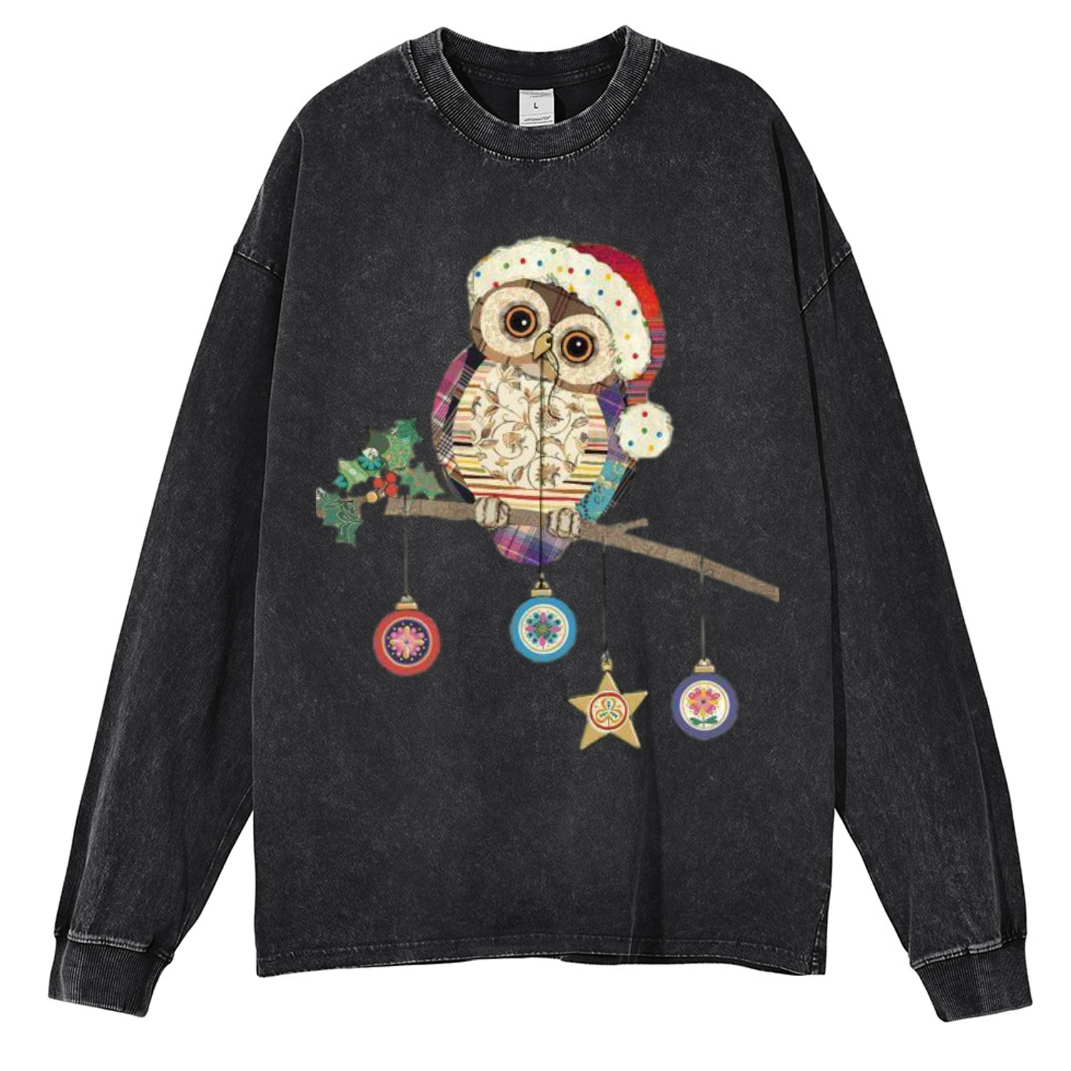 Muchic Owl Christmas Unisex Casual Washed Printed Round Neck Long Sleeve T-shirt