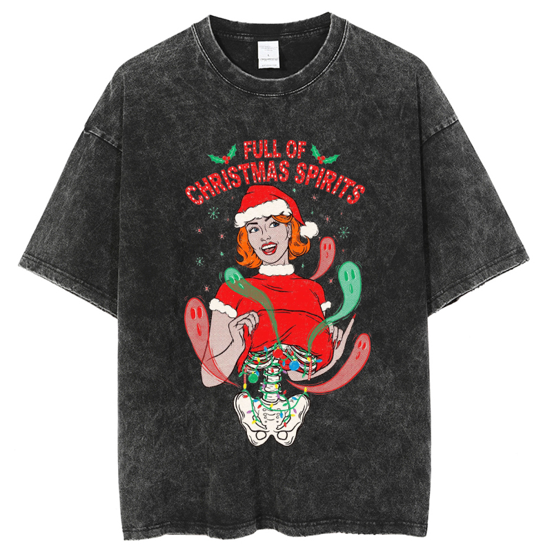 Muchic Unisex Full Of Christmas Spirits Printed Retro Washed Short Sleeved T-Shirt