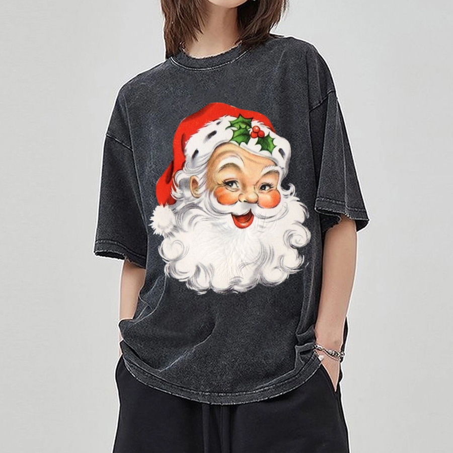 Muchic Santa Claus Unisex Printed Retro Washed Short Sleeved T-Shirt