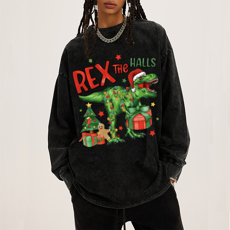 Muchic Rex The Halls Unisex Casual Washed Printed Round Neck Long Sleeve T-shirt