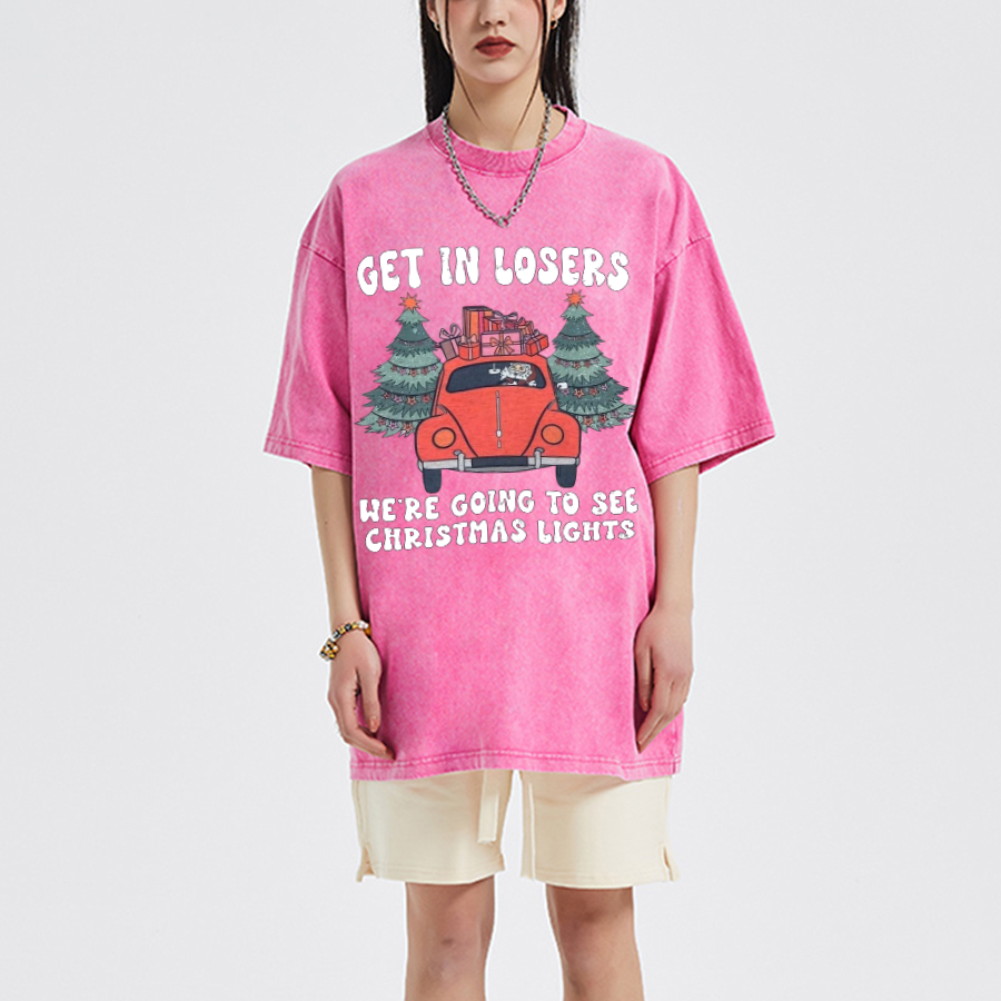 Muchic Get In Losers Unisex Oversized Print Vintage Wash Denim T-Shirt