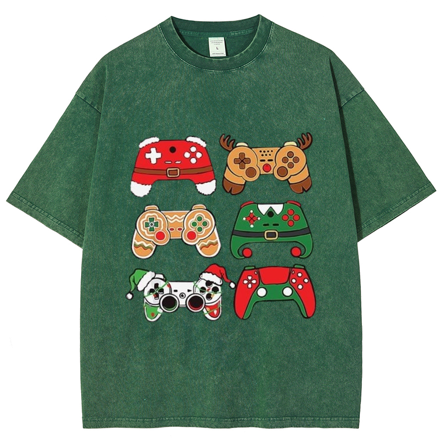 Muchic Game Christmas Unisex Oversized Print Vintage Wash Denim T-Shirt