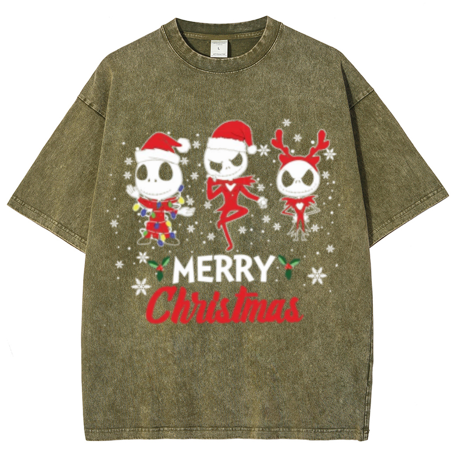 Muchic Merry Christmas Unisex Oversized Print Vintage Wash Denim T-Shirt