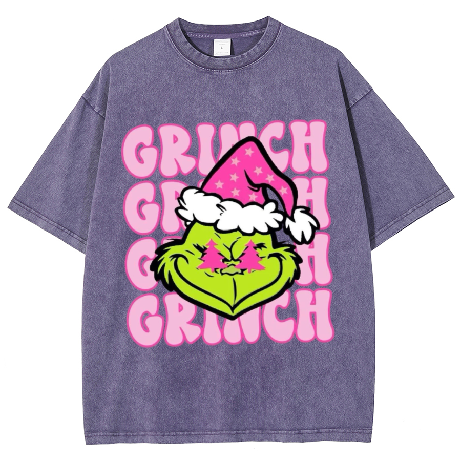 Muchic Grinch Unisex Oversized Print Vintage Wash Denim T-Shirt