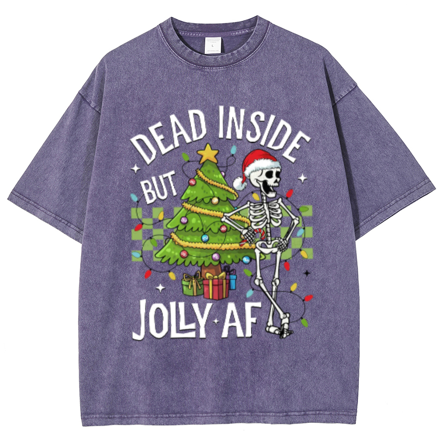 Muchic Dead Inside But Jolly Af Unisex Oversized Print Vintage Wash Denim T-Shirt