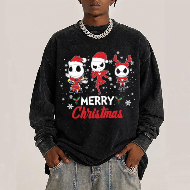 Muchic Merry Christmas Unisex Casual Washed Printed Round Neck Long Sleeve T-shirt