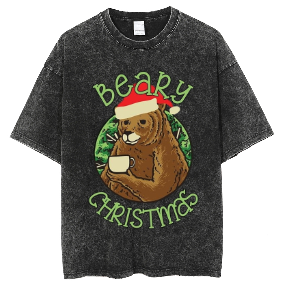 Muchic Beary Christmas Unisex Oversized Print Vintage Wash Denim T-Shirt