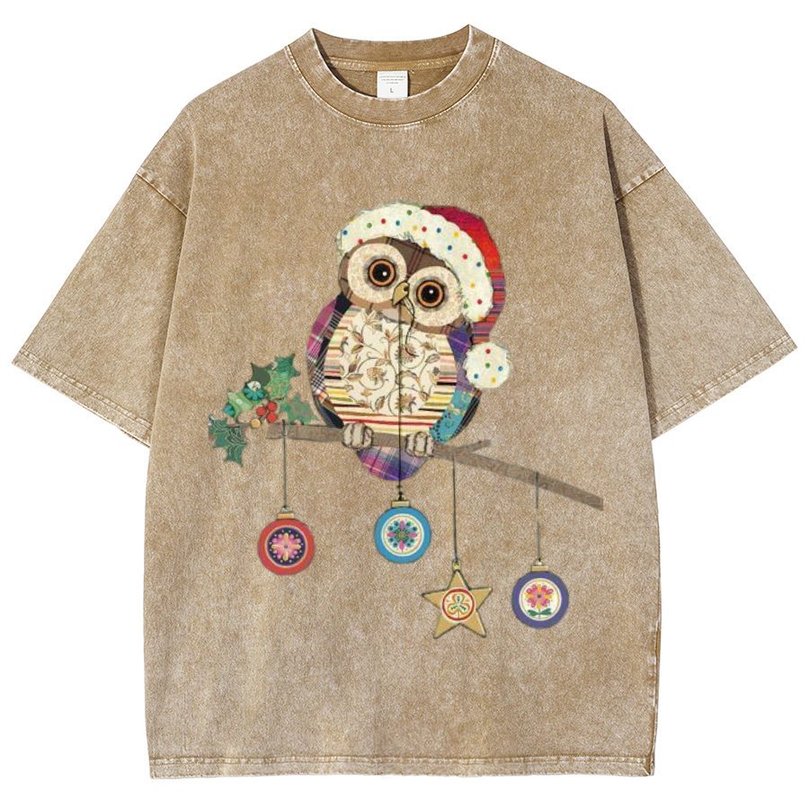 Muchic Owl Christmas Unisex Oversized Print Vintage Wash Denim T-Shirt