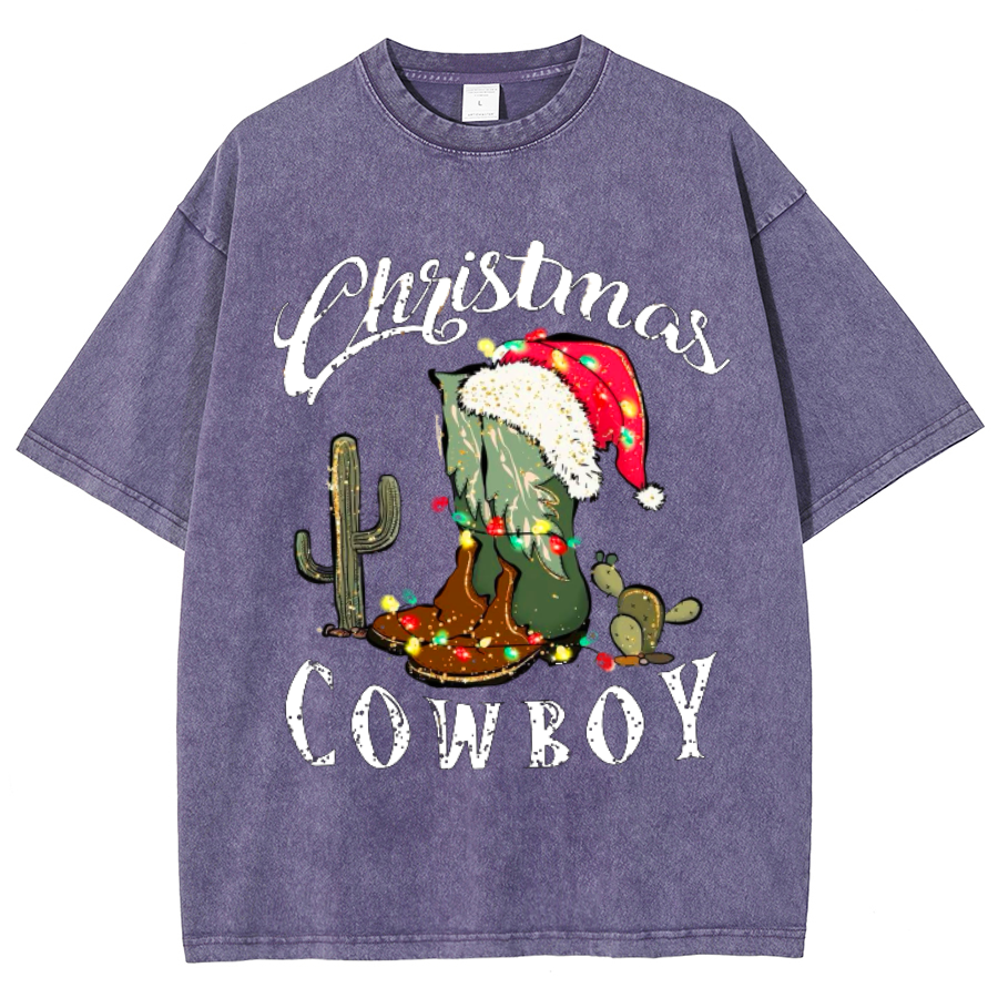 Muchic Christmas Cowboy Unisex Oversized Print Vintage Wash Denim T-Shirt