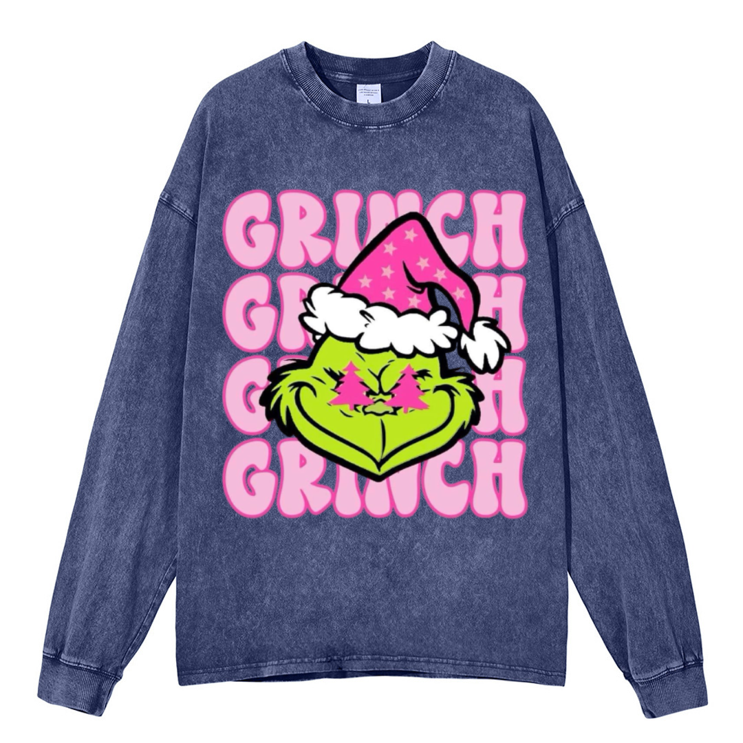 Muchic Grinch Unisex Casual Washed Printed Round Neck Long Sleeve T-shirt