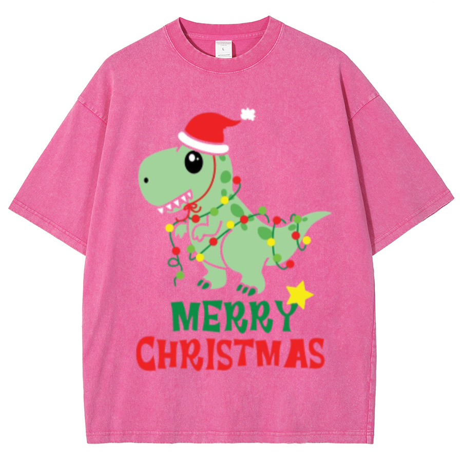 Muchic Merry Christmas Unisex Oversized Print Vintage Wash Denim T-Shirt