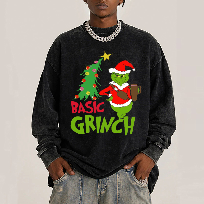 Muchic Basic Grinch Unisex Casual Washed Printed Round Neck Long Sleeve T-shirt