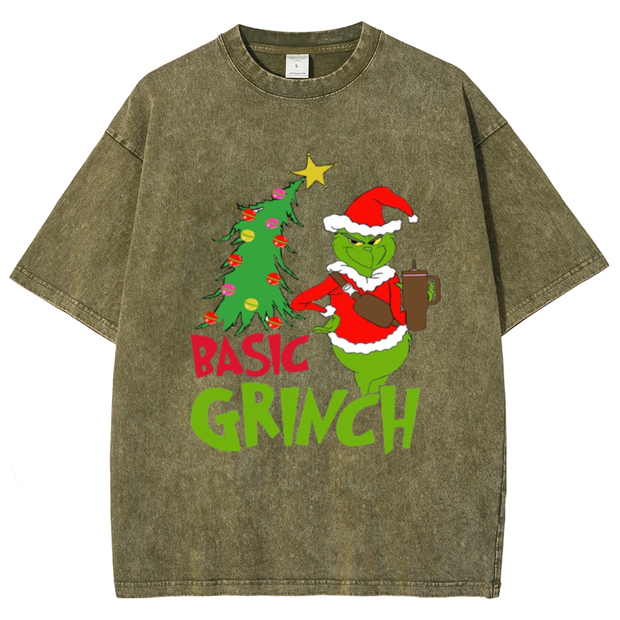 Muchic Basic Grinch Unisex Oversized Print Vintage Wash Denim T-Shirt