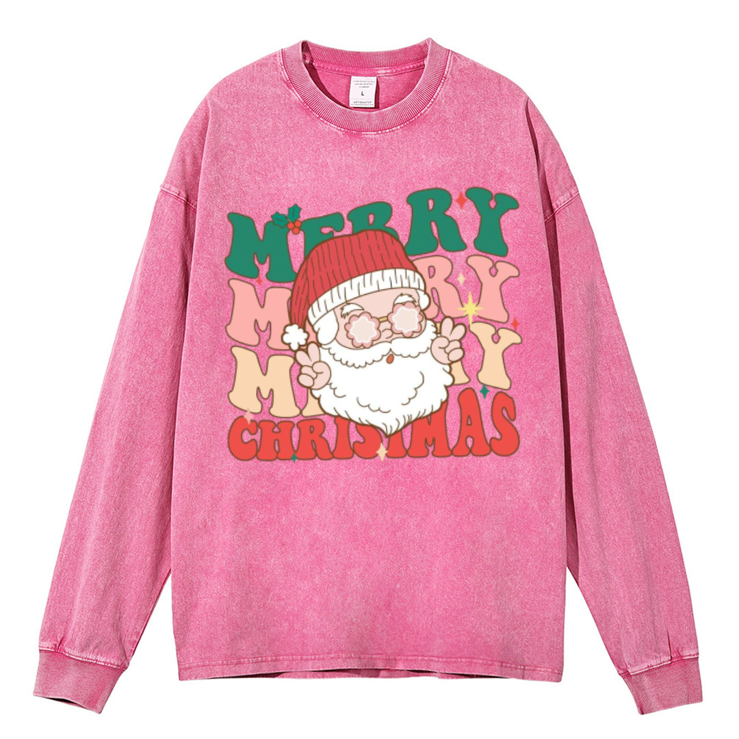 Muchic Merry Christmas Unisex Casual Washed Printed Round Neck Long Sleeve T-shirt