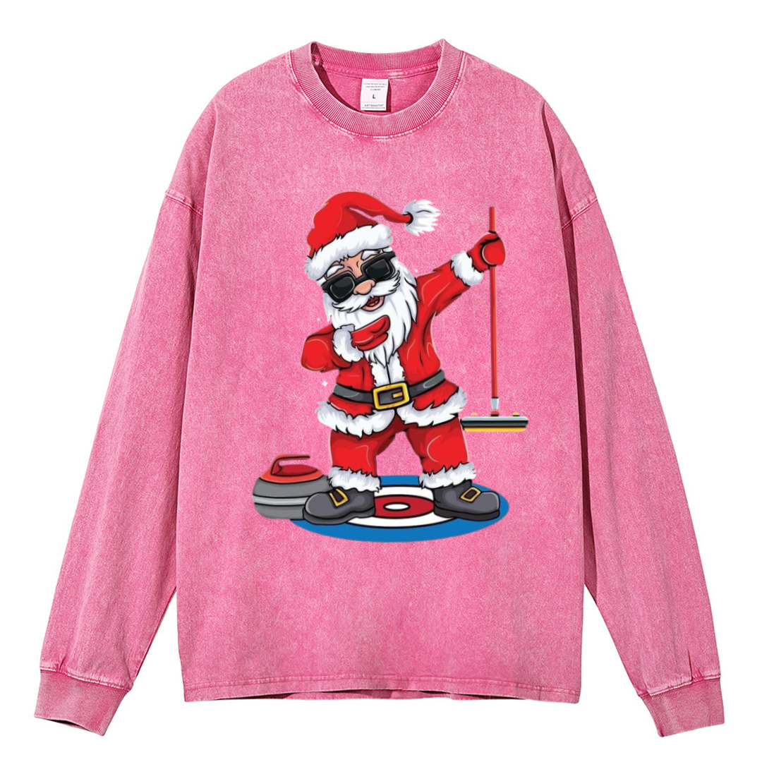 Muchic Santa Claus Unisex Casual Washed Printed Round Neck Long Sleeve T-shirt