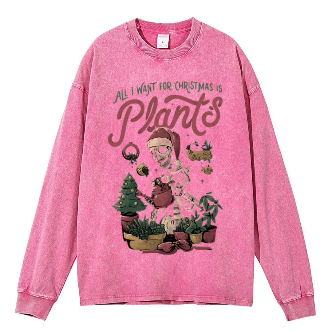 Muchic Christmas Plants Unisex Casual Washed Printed Round Neck Long Sleeve T-shirt