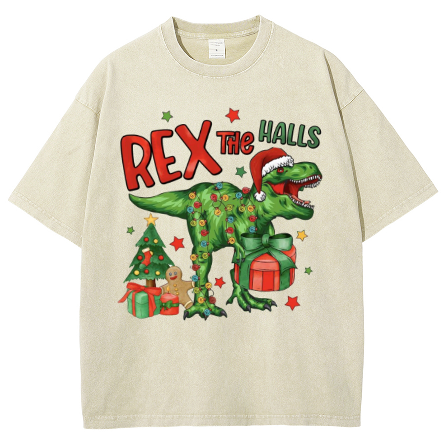 Muchic Rex The Halls Unisex Oversized Print Vintage Wash Denim T-Shirt