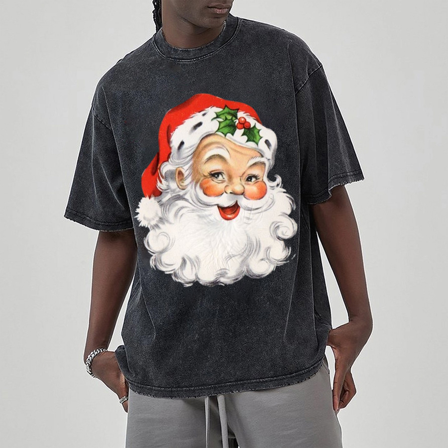 Muchic Santa Claus Unisex Printed Retro Washed Short Sleeved T-Shirt