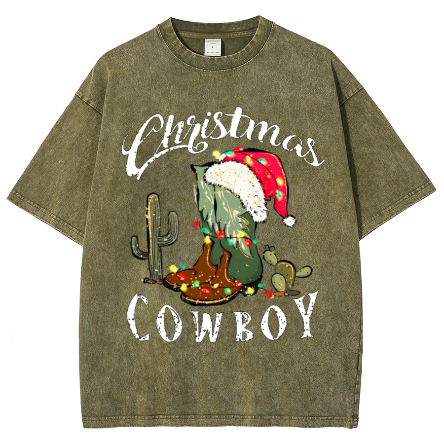 Muchic Christmas Cowboy Unisex Oversized Print Vintage Wash Denim T-Shirt