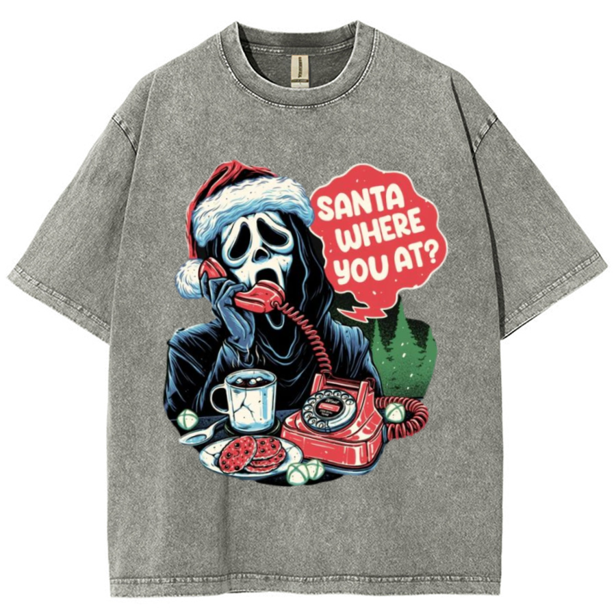 Muchic Santa Where You At Unisex Printed Retro Washed Short Sleeved T-Shirt