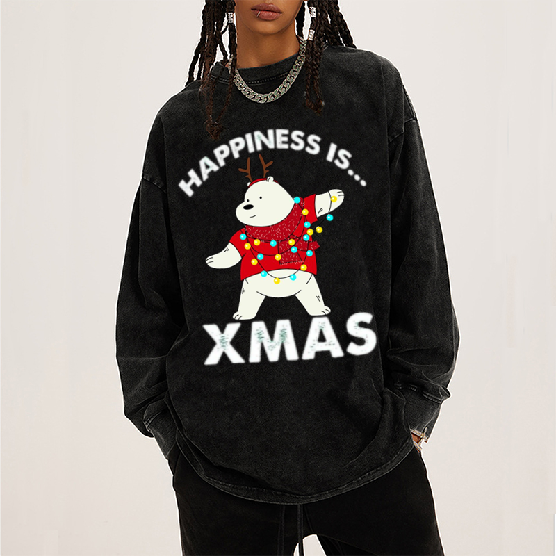 Muchic Happiness Is Xmas Unisex Casual Washed Printed Round Neck Long Sleeve T-shirt