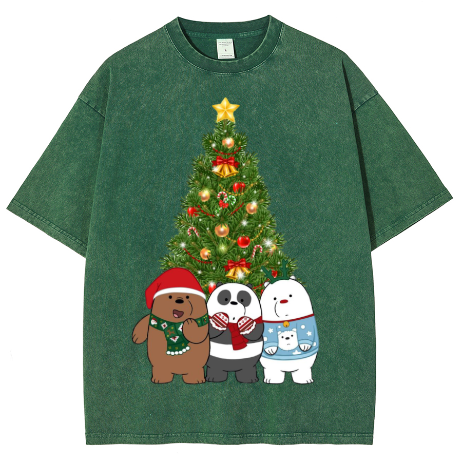 Muchic Bear Christmas Unisex Oversized Print Vintage Wash Denim T-Shirt