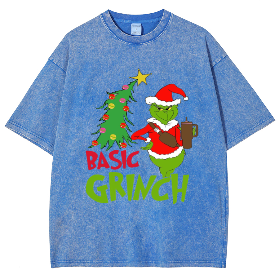 Muchic Basic Grinch Unisex Oversized Print Vintage Wash Denim T-Shirt