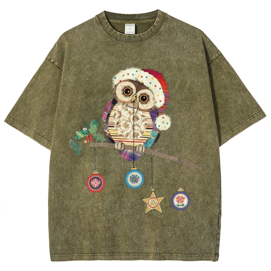 Muchic Owl Christmas Unisex Oversized Print Vintage Wash Denim T-Shirt