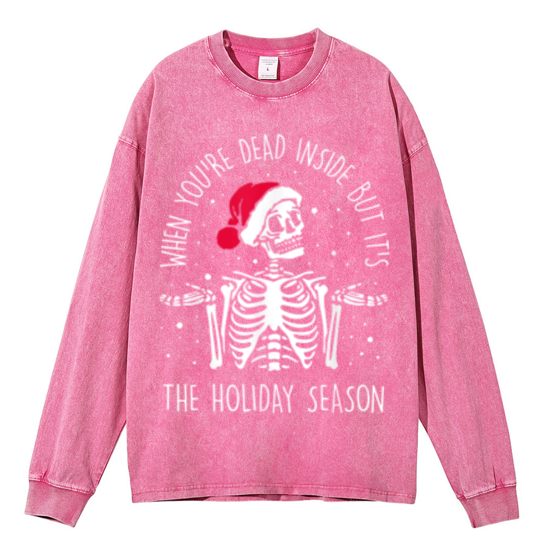 Muchic The Holiday Season Unisex Casual Washed Printed Round Neck Long Sleeve T-shirt