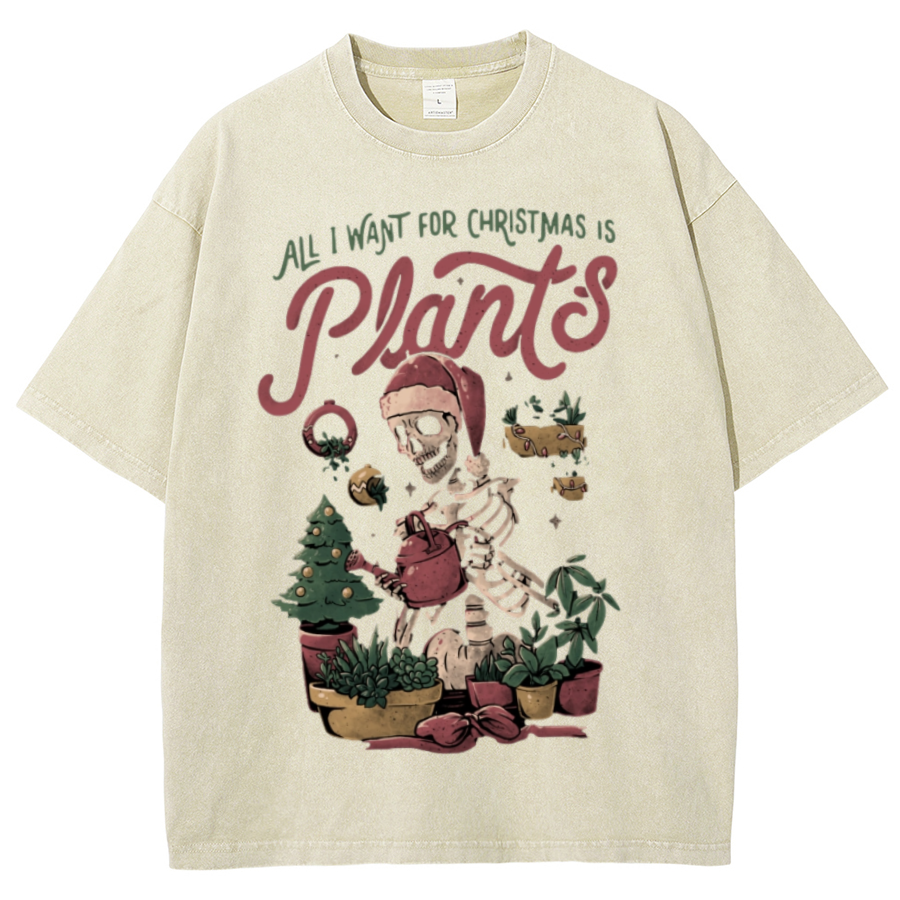 Muchic Christmas Plants Unisex Oversized Print Vintage Wash Denim T-Shirt