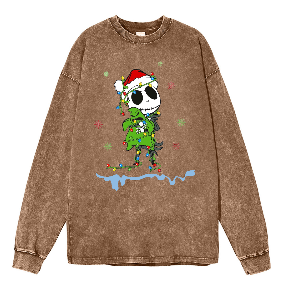 Muchic Unisex Casual Washed Christmas Nightmare Printed Round Neck Long Sleeve T-shirt