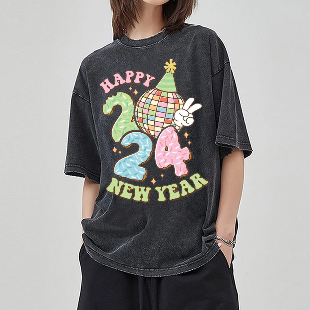 Muchic Unisex Happy New Year Printed Retro Washed Short Sleeved T-Shirt