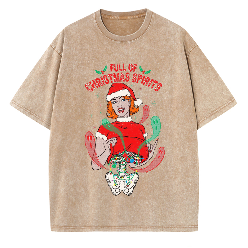 Muchic Unisex Full Of Christmas Spirits Printed Retro Washed Short Sleeved T-Shirt