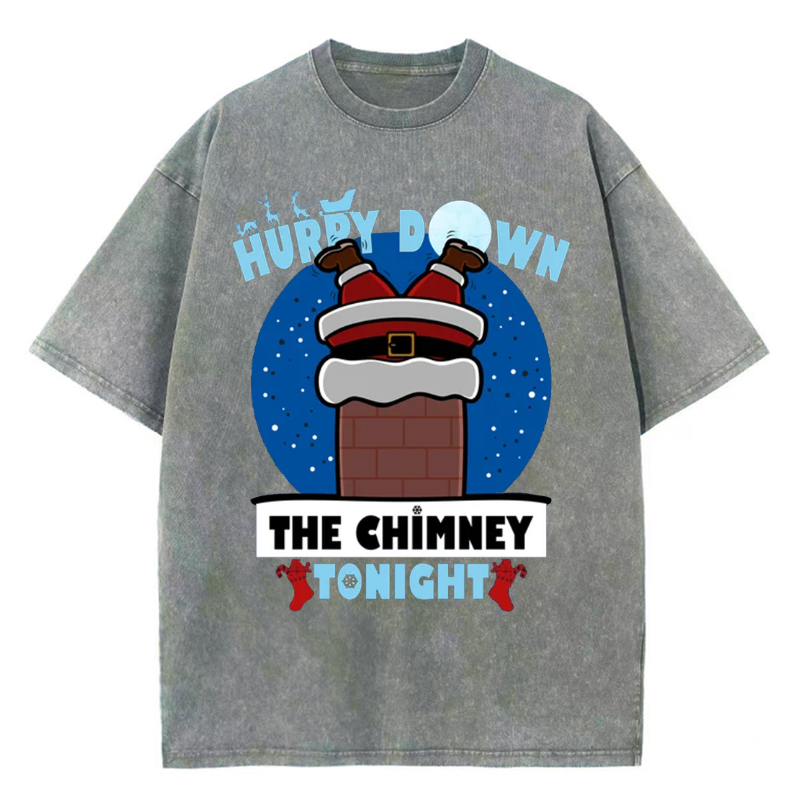 Muchic Unisex Hurry Down The Chimney Tonight Printed Retro Washed Short Sleeved T-Shirt