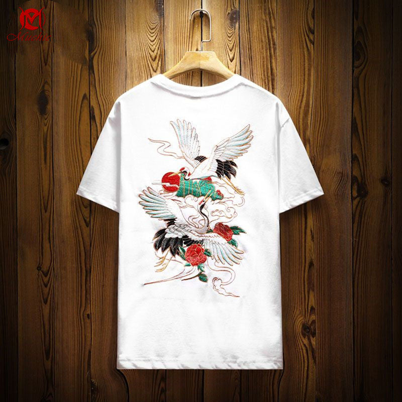 Unisex Intangible Cultural Heritage Red-crowned crane Embroidery T-shirt(Hand Embroidered) (Duty Free)