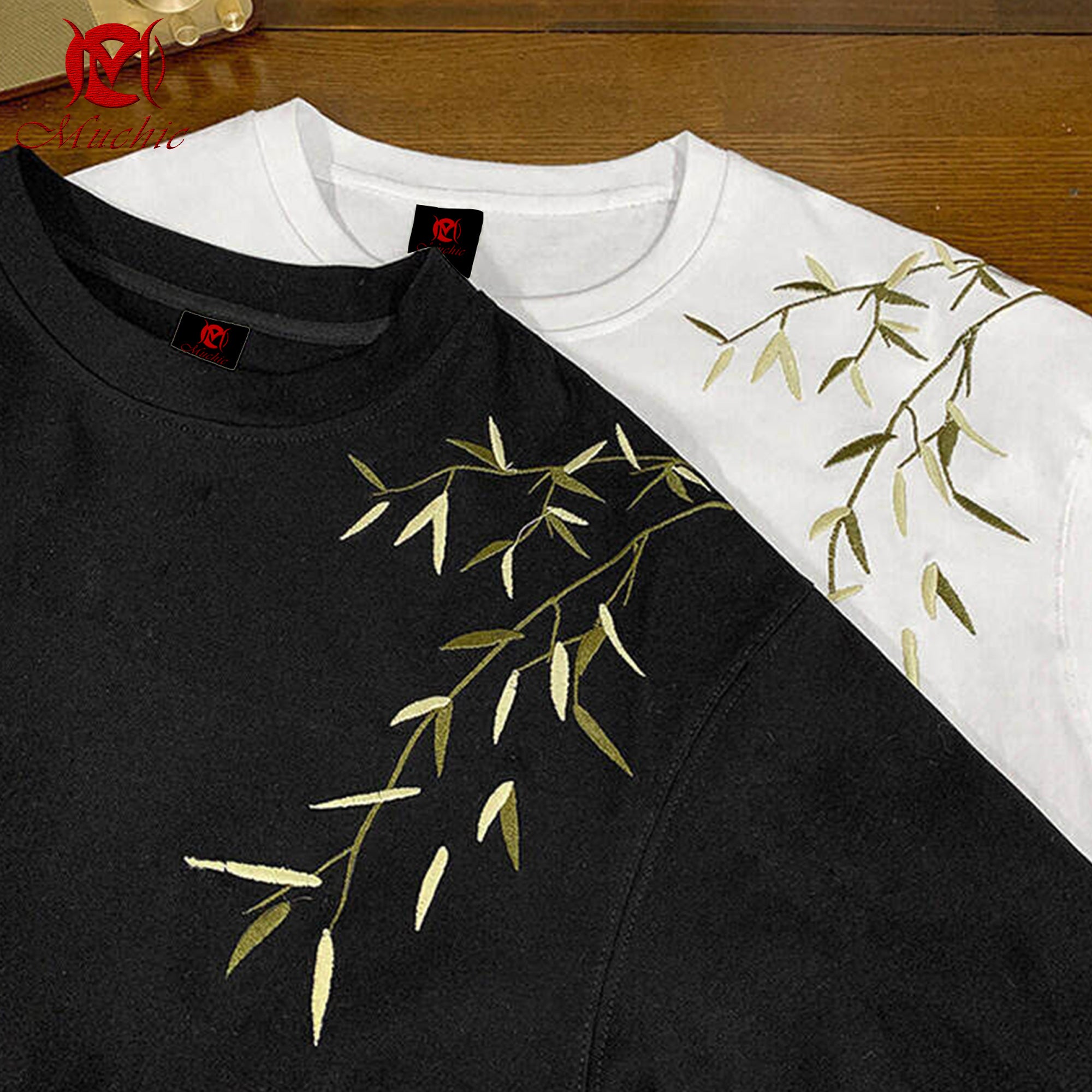 Unisex Intangible Cultural Heritage Bamboo Leaf Embroidery T-shirt (Hand Embroidery) (Duty Free)