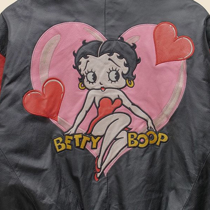 Muchic Unisex ’Betty Boop’ Anime Graphic Print Long Sleeve Baseball Jacket Leather