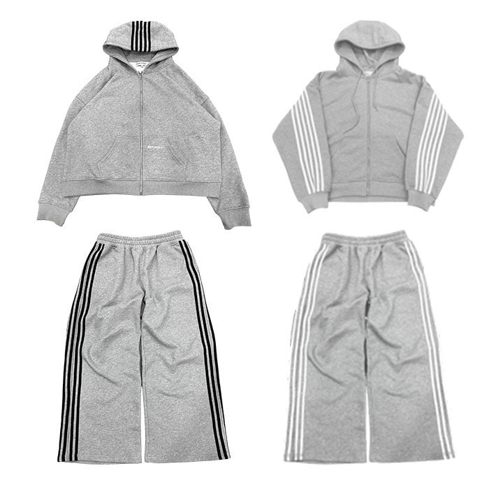 Muchic Unisex Graphic Print Long Sleeve Hooded Tracksuit Set - (Gray/Black)