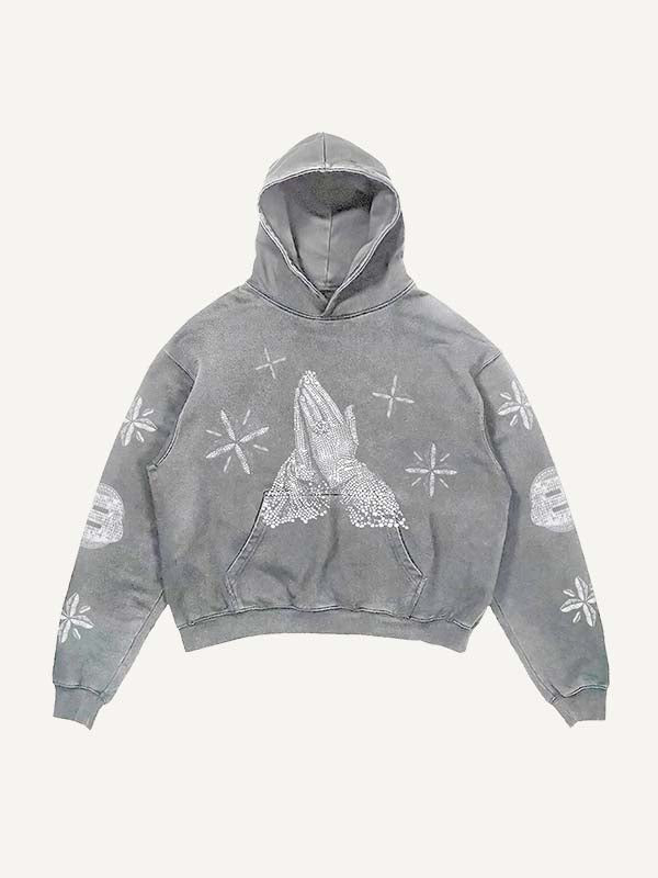 Mary&Letter Pray Faux Rhinestones Print Slant Pockets Hoodie