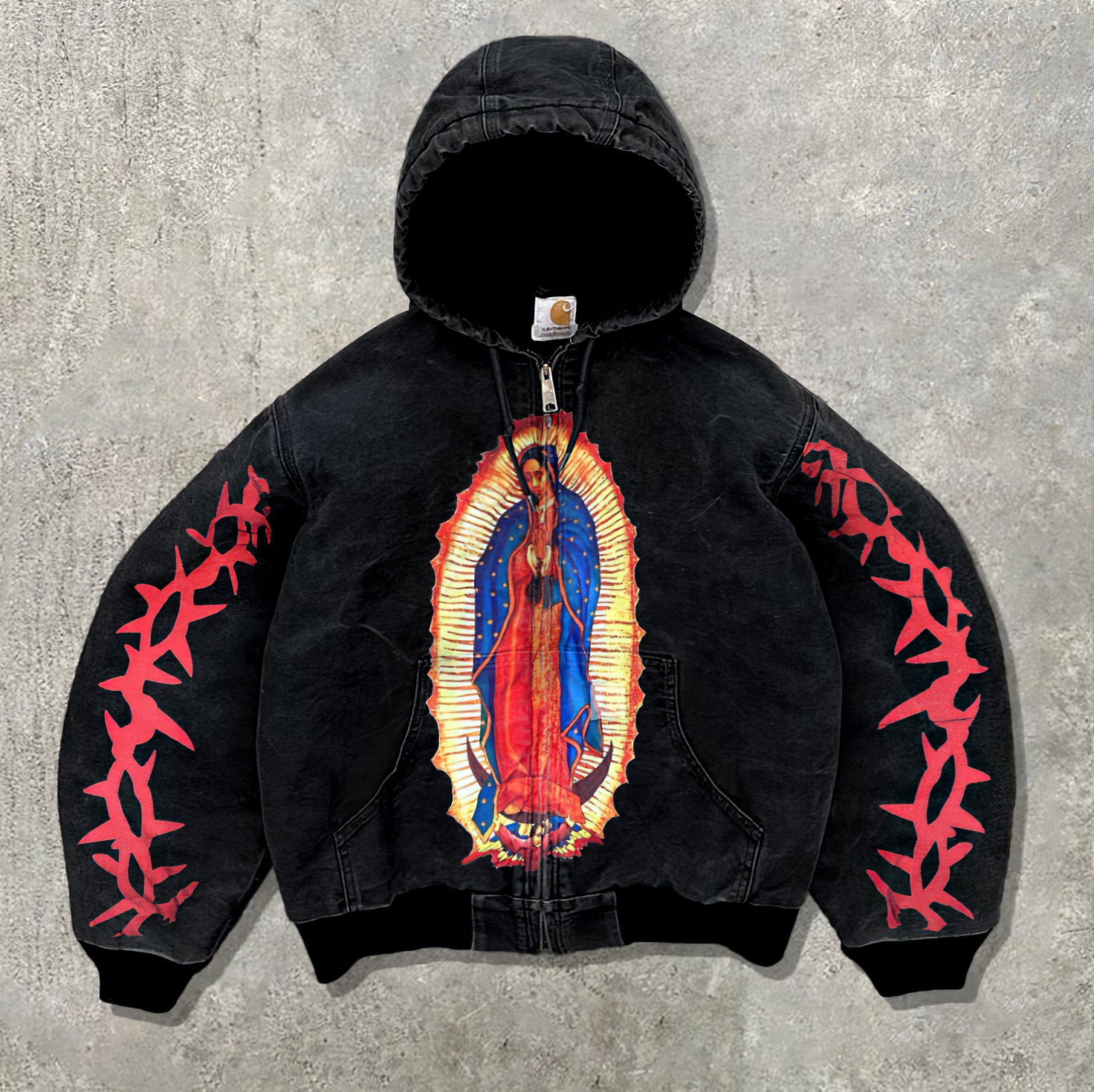 Vintage distressed Virgin Mary design long sleeve zip up padded jacket