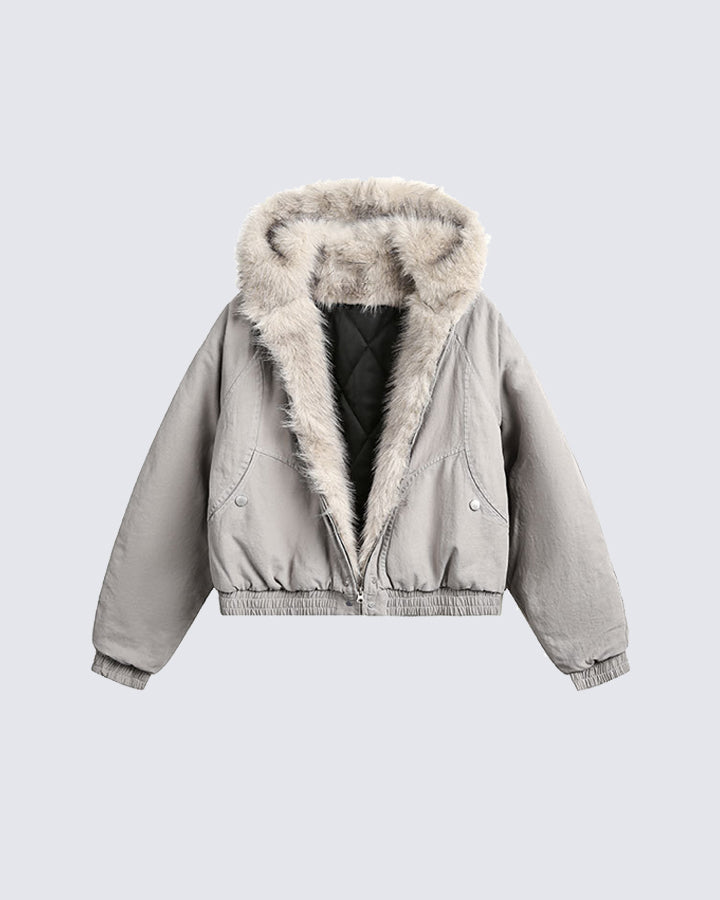 Muchic Unisex Structured Faux Fur Collar Padded Hooded Jacket