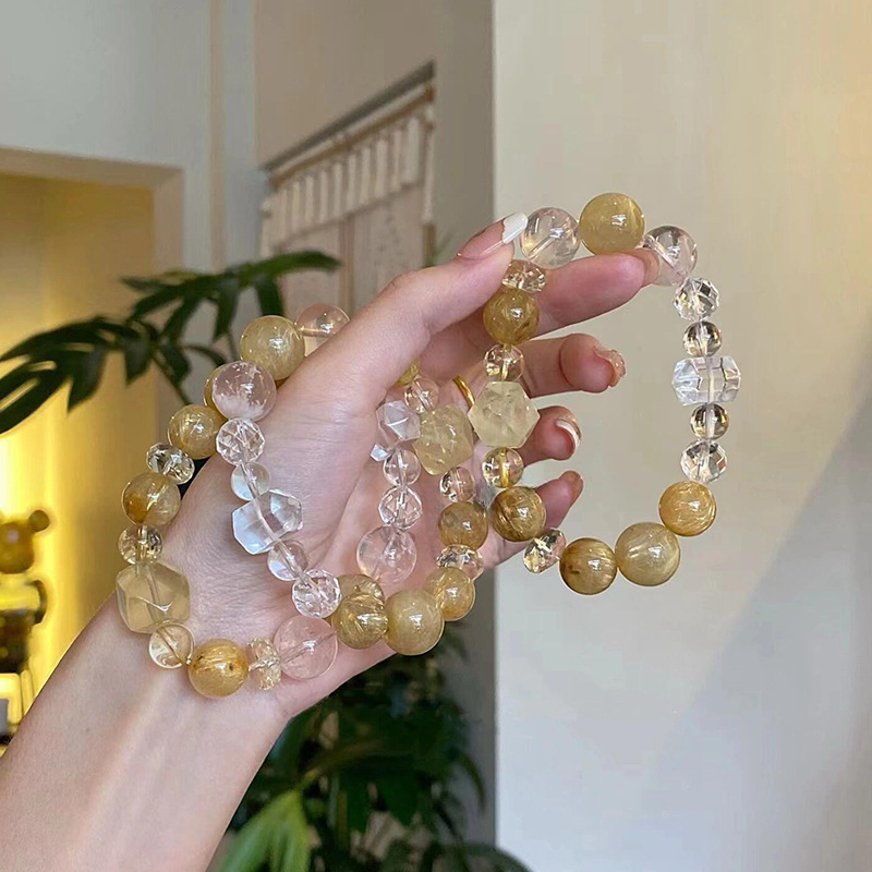 Natural Golden Rutilated Quartz & Clear Yellow Crystal Wealth Bracelet