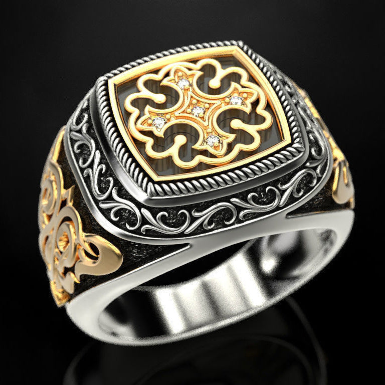 Bold Vintage Signet Ring – Engraved Gold & Black Steel