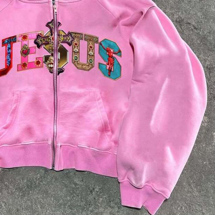 Muchic Unisex "Christ" Graphic Print Washed Fleece Thickened Long Sleeve Hooded Jacket