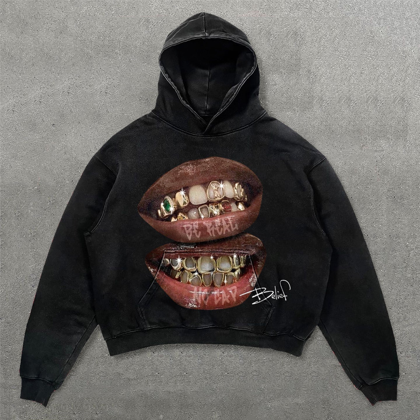 Muchic Street Style Teeth Belief Print Long Sleeve Hoodies