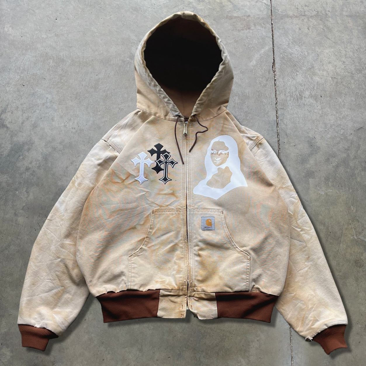 Vintage distressed cross badge Our Lady zip-up jacket